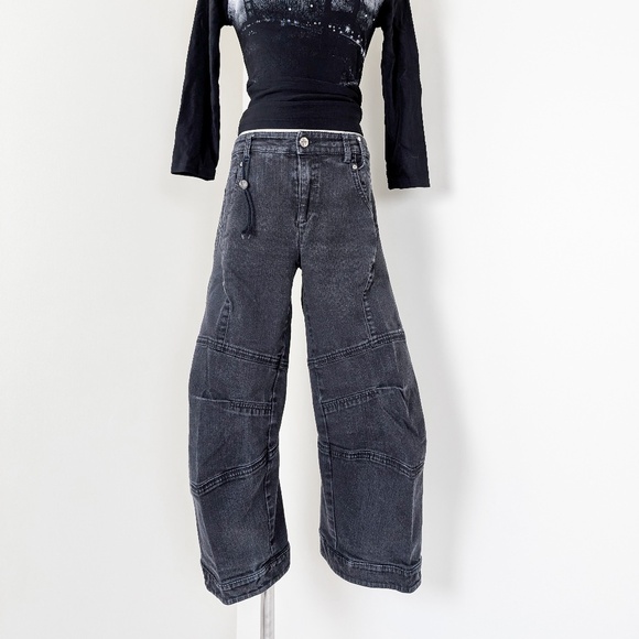 Black Denim Capri's Pantaloons Baggy Low Mid Rise Cropped Distressed Cargo - Picture 9 of 12